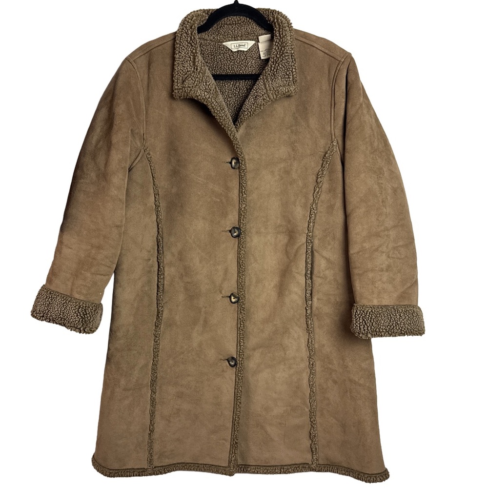 L.L.Bean Women’s Faux Shearling Coat – Brown Teddy Lined Jacket (Size L Petite)
